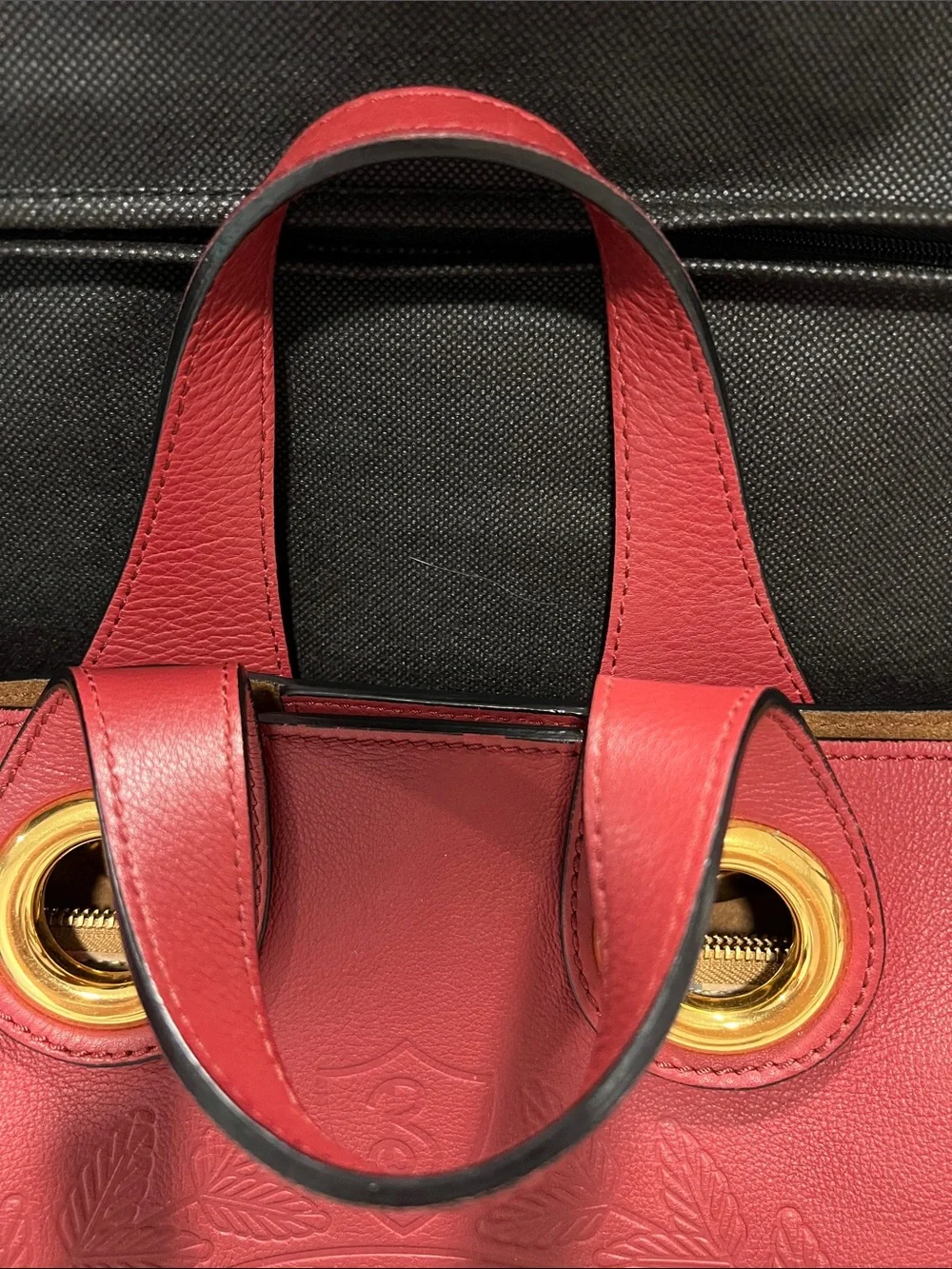 Burberry Red Leather Satchel with Gold Grommet Accents